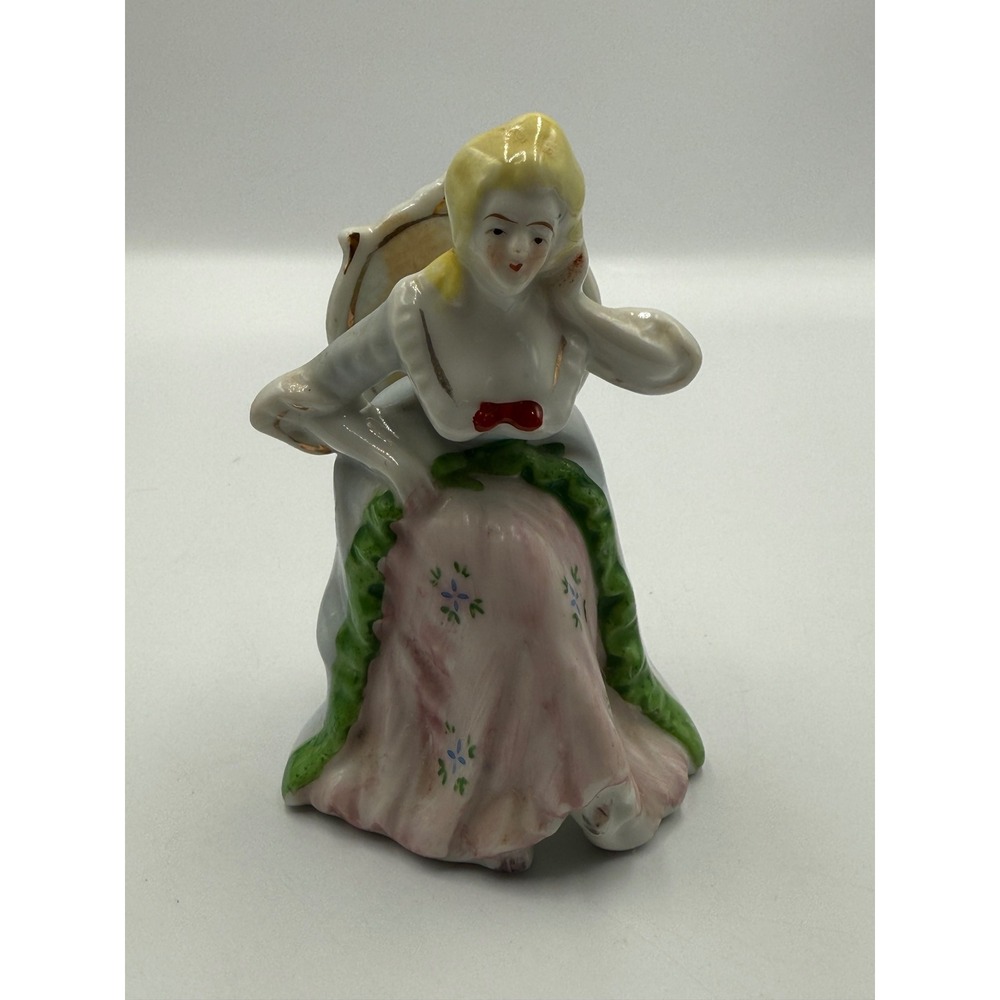 Vintage Made in Occupied Japan Porcelain Figurine Seated Woman Pink Blue Gold